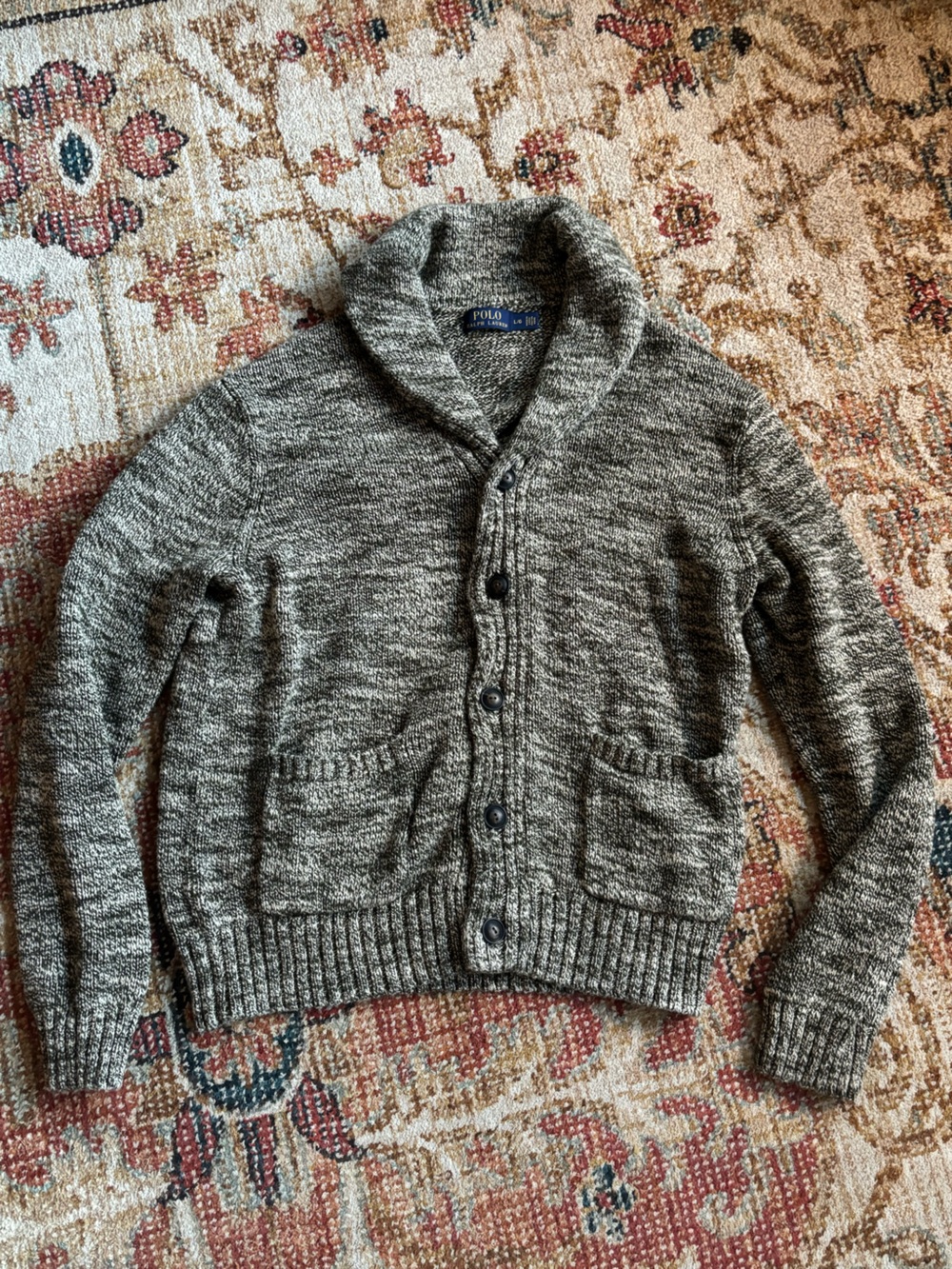 Polo Ralph Lauren Green Marled Knit Cotton Shawl Collar Cardigan Sweater Large